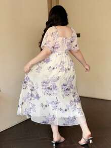 Vibekara Plus Size Women's Spring/Summer Square Collar Ruffle Sleeve Short Sleeve Elegant Resort Vintage Cute Casual A-Line Floral Print Chiffon Maxi Dress