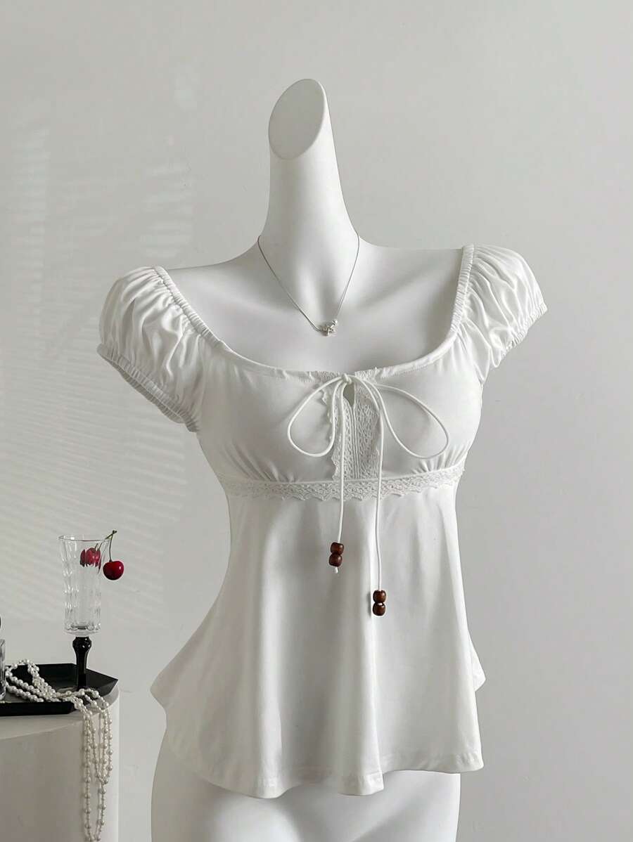 Sweetra Áo thun tay ngắn rộng rãi họa tiết ngọc trai buộc dây mùa hè cho nữ - trắng - Xem 1