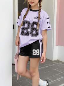 SHEIN 2pcs Tween Girls Casual Minimalist Short Sleeve Top And Shorts Set, Suitable For Summer - Multicolor - View 5