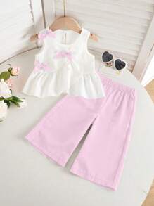 2 件女婴无袖蝴蝶结上衣 + 休闲裤套装，时尚日常兄弟姐妹装，单独出售