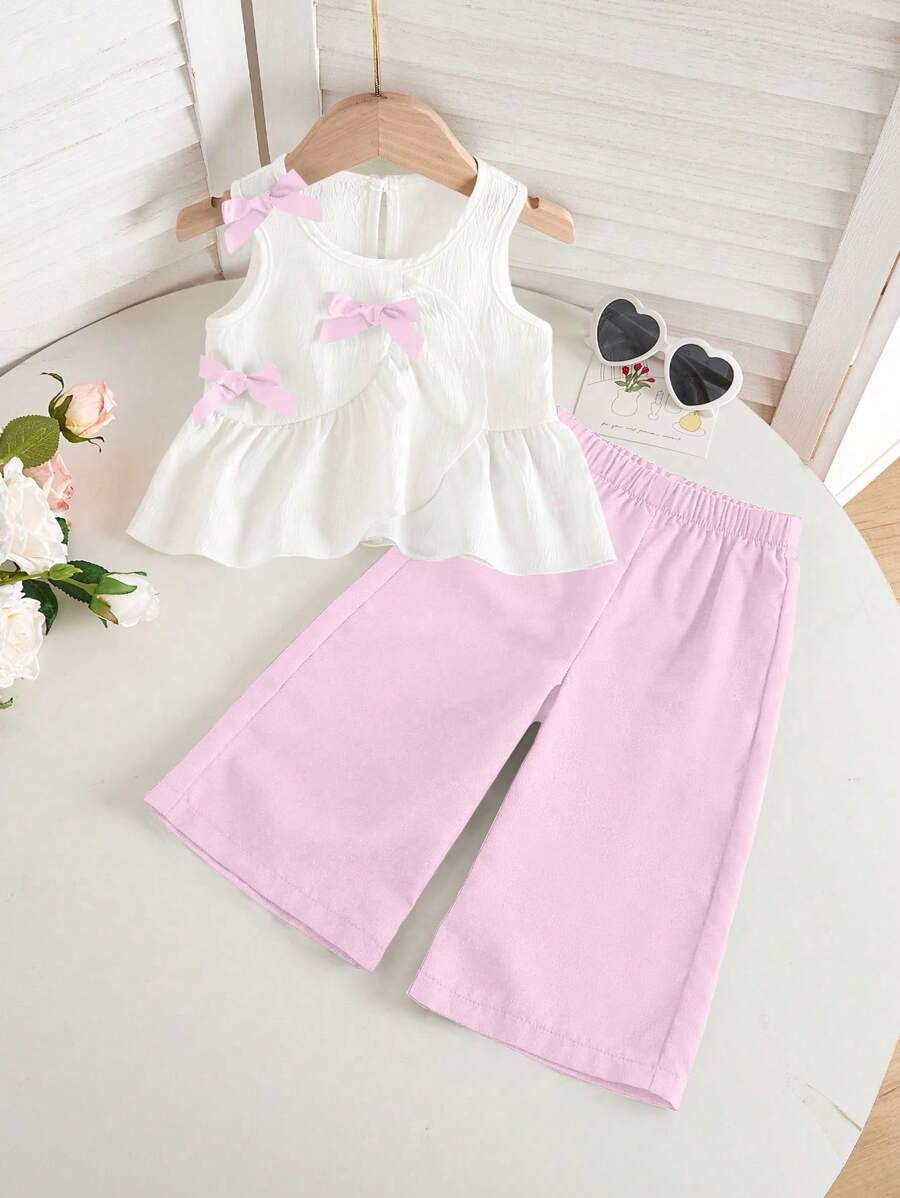 2 件女婴无袖蝴蝶结上衣 + 休闲裤套装，时尚日常兄弟姐妹装，单独出售