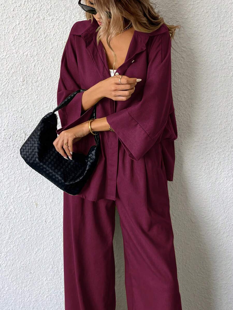 Aveloria Modichic 2pcs/Set Women Blended Side Slit Loose Shirt And High Waist Wide Leg Pants Elegant Business Casual Women  - Burgundy - View 1