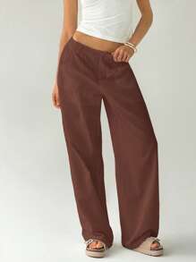 Easelle Women's Casual Coffee Brown Cotton Washed Straight Leg Pants - Coffee Brown - View 5