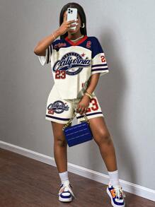 Slaydiva 2pc Set Women's Casual Simple Jersey Outfit, Car Race Style "California" English Print, Spring/Summer 2025 Sporty Dress Suitable For Going Out