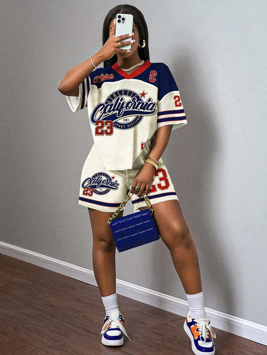 Slaydiva 2pc Set Women's Casual Simple Jersey Outfit, Car Race Style "California" English Print, Spring/Summer 2025 Sporty Dress Suitable For Going Out