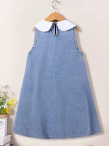 Novo Vestido Denim Infantil Feminino Sem Mangas com Colarinho Peter Pan e Bordado de Borboleta, Vestido Infantil