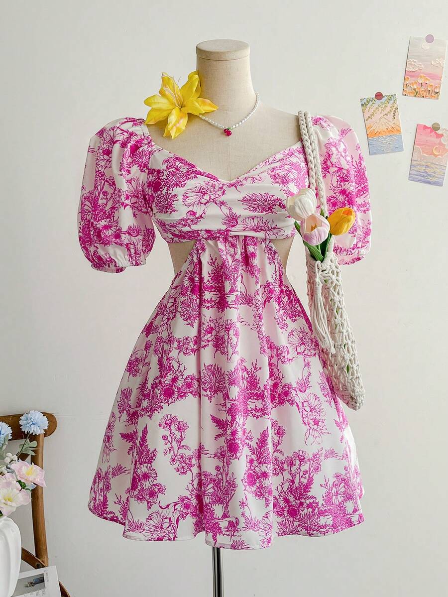 Soleia Sukienka damska typu romantyczna, z bufiastymi rękawami i kwiatowym nadrukiem, z odkrytymi plecami i wiązaniem w talii, w kształcie litery A, w stylu księżniczki, na wakacje - Wielokolorowe - Zobacz 1