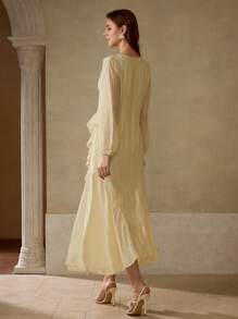 MOTF PREMIUM V-NECK LONG SLEEVE WAIST CINCHED RUFFLED ASYMMETRIC HEM DRESS, MINIMALIST - Apricot - View 3