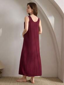 Ocili Váy ngủ Maxi dài mềm mại thoải mái màu trơn Leisure dành cho nữ mùa lễ hội Babydoll - Màu Đỏ Sâu - Xem 3