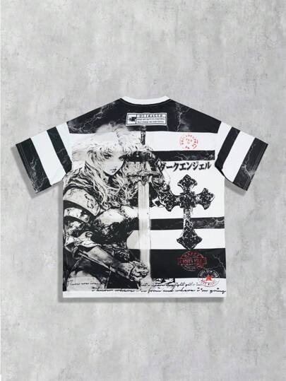 Men's Anime Figure Print Short Sleeve T-Shirt, Suitable For Casual Everyday Wear