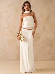 SHEIN BAE 2 件套女士粉色褶皱抹胸短款上衣和低腰褶皱抽绳长裙，海滩度假装，夏季波西米亚露背连衣裙，音乐节连衣裙，伴娘 2 件套