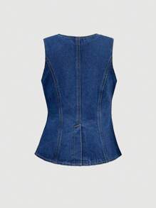 SHEIN Camicetta senza maniche in jeans blu navy stile urban street cool e alla moda per ragazze pre-adolescenti, casual e versatile, adatta come abbigliamento quotidiano e costumi di scena per ragazze pre-adolescenti, per primavera ed estate