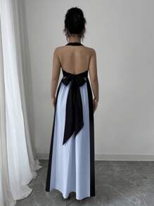SHEIN ChicEase 女式夏季波西米亚风格度假露背蝴蝶结拼色喇叭裙 - 淺藍色 - 查看 2