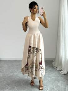 Rafferiza Women's Floral Embroidery Mesh Hem Halter Neck Elegant Midi Dress, Summer - Apricot - View 4