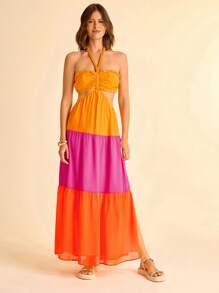 CAJUNI Women's Resort Colorblock Orange And Pink,Yellow Braided Halter Neck Hollow Back Sheer Chiffon Maxi Dress,Summer Casual Vacation Holiday Boho Dress - Multicolor - View 3