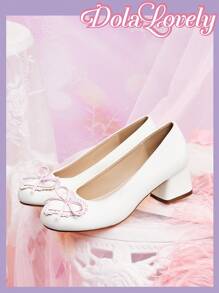 Dola Lovely Damen Schleifchen Mary Jane Schuhe, Pumps mit rundem Zehenbereich, Schnallenriemen und dickem Absatz, modische vielseitige weiße Schuhe