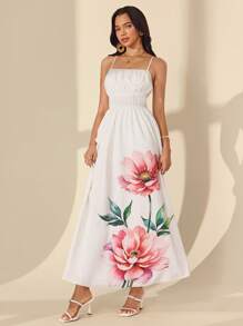 Almamuse Women's Elegant Sleeveless Placement Floral Print Dress - White - View 6