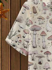Manfinity RSRT Men's Summer Mushroom Print Single-Breasted Casual Short Sleeve Shirt