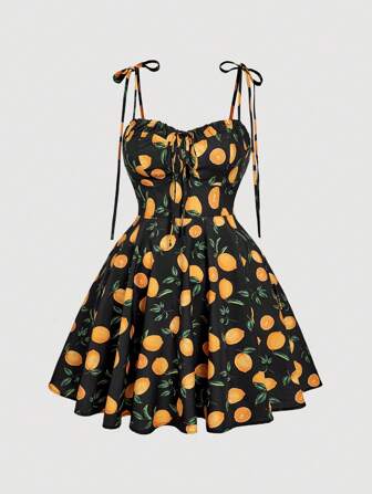 SHEIN MOD Große Größen Fruchtmuster Schwarzes Blatt Romantik Urlaubs Süßes Mini-Kleid, Strandkleid Sommerkleid, Boho Urlaubsoutfit, Sommeroutfit für Frauen, Strandoutfit für Frauen, Festivaloutfit für Frauen, Korsagenkleid