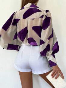 INAWLY 女式夏季几何印花灯笼袖单排扣休闲衬衫