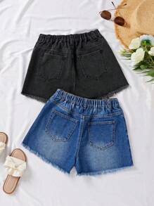 SHEIN Teen Girls Spring Summer Beach Boho Holiday 2 Pieces Solid Light Washed Ripped Raw Hem Casual Baggy Denim Jeans Shorts,Girls Summer Concert Rave Festival Outfits,Graduation Two Pieces Outfits, School, Campus, College - Dark Wash - View 2