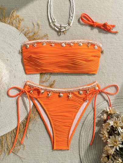 Swim Mod 2pcs/Set Women Beach Summer Outfits - Textured Solid Color Shell Tie Strap Decor Bandeau Bikini Set Set