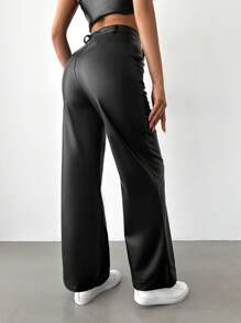 EURMUSE Solid Zipper Fly Wide Leg Pants - Black - View 2