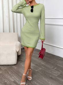 INAWLY Women's Long Sleeve Striped Mini Graduation Dress, Fashionable For Summer Fall Cloth For Women - Green - View 7