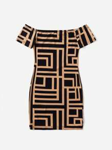 SHEIN Leap Crew 小女童幾何印花一字肩連衣裙 - 彩色 - 查看 1