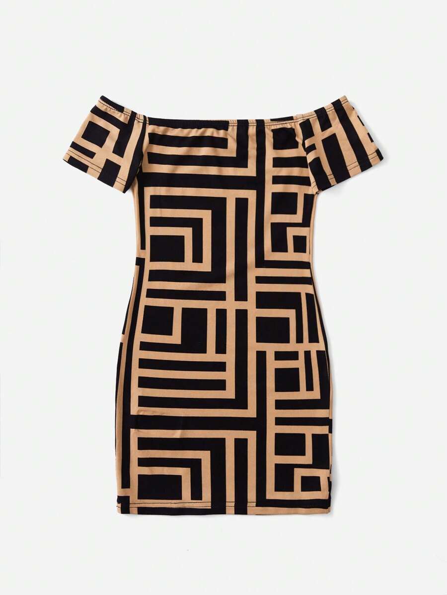 SHEIN Leap Crew 小女童幾何印花一字肩連衣裙 - 彩色 - 查看 1