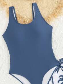 SHEIN 少女夏季休闲拼布椰子树印花连体泳衣 - 藏蓝色 - 查看 7
