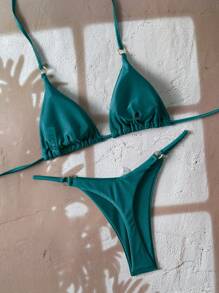 SHEIN Swim 2件套女士休闲度假简约纯色露背系带比基尼上衣和下装套装