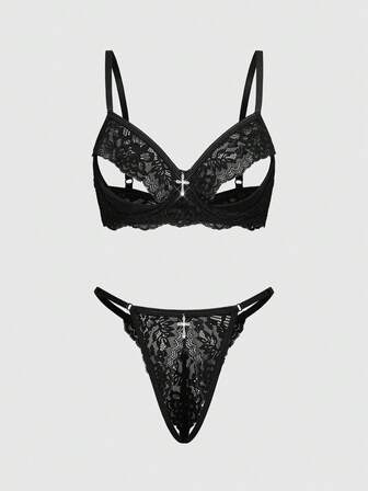 Goth Set di lingerie sexy composto da reggiseno con montatura in filo di pizzo gotico scuro e perizoma con apertura all'inguine