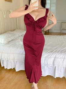 SHEIN Đầm ngủ dây mảnh màu trơn đơn giản cho nữ - Đỏ - Xem 5