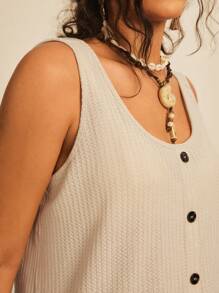 Freevana Plus Waffle Knit Button Front Tank Top - Apricot - View 1