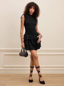 SHEIN MOD Women's Black Multi-Layer Cake Shoulder Drawstring Sleeveless Mini Dress - Black - View 4
