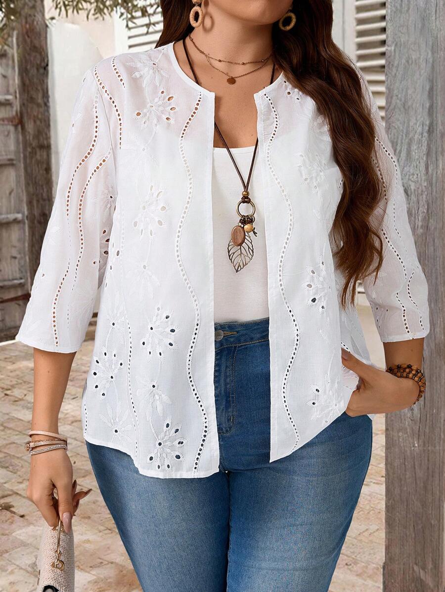 EMERY ROSE Plus Size Women's Elegant Embroidered Crew Neck Coat Fall Women Clothes Fall Clothes Fall Outfits - White - View 1