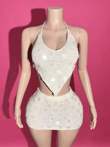 Slaydiva 2 Stück/Set Badeanzug Bikini Strandkleid - Europäischer und Amerikanischer Stil Strandurlaub Ausschnitt Pailletten Patchwork Trägertop und asymmetrischer Saum Mini Rock im Herbst/Winter - Weiss - Übersicht 8