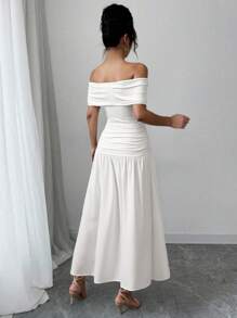 SHEIN Privé Đầm dài hở vai xếp nếp đan màu trắng mới cho nữ, phong cách mùa hè thanh lịch - trắng - Xem 2