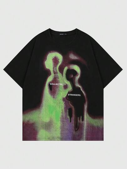 Grunge Punk Men's Vintage Streetwear Figure Graphic Short Sleeve T-Shirt, Summer, 2000s Style, Fall/Winter