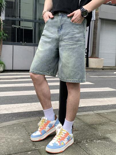 SHEIN Teen Boy Fashion Casual Vintage Y2k Based Wash Design Comfortable Breathable And Loose Denim Shorts For Kids Clothes Boys Costume Dailywear And Kids Summer And Spring Rave Outfits Festival And Beach Outfits Clothes Fall Clothes Back To School Old Money Style Streetwear Punk