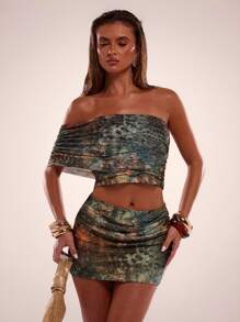 SHEIN BAE Summer Outing Vacation Mesh Printed Fabric Asymmetric Women's Top And Bottom Suit Outing Dating, Beach Party, Beach Vacation Wear - Olive Green - View 4