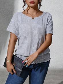 SHEIN LUNE 大码女式不对称罗纹收腰圆领T恤 - 灰色 - 查看 6