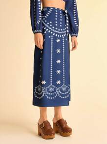 CAJUNI Falda envolvente de estilo bohemio casual de verano con estampado de totem y encaje para vacaciones de mujer, en colores azul y blanco