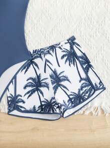 SHEIN 少女夏季休闲拼布椰子树印花连体泳衣 - 藏蓝色 - 查看 6