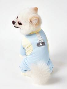 PETSIN 轻盈透气网眼狗爪印花拼布设计连体裤，休闲风格，适合户外、防晒、春夏季 - 藍色 - 查看 3