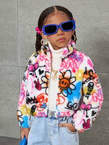 SHEIN Girl's Knitted Fluffy Letter & Graffiti Pattern Loose Hoodie Jacket,In Fall/Winter - Multicolor - View 3