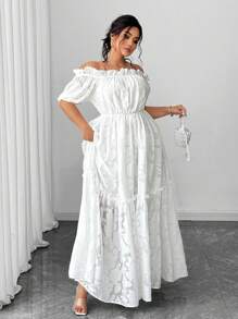 Vionelle Plus Size Elegant Solid Color Off Shoulder Dress - White - View 5