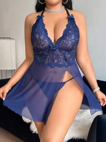 SHEIN 2件套加大码性感蕾丝边睡袍套装 - 寶藍色 - 查看 3