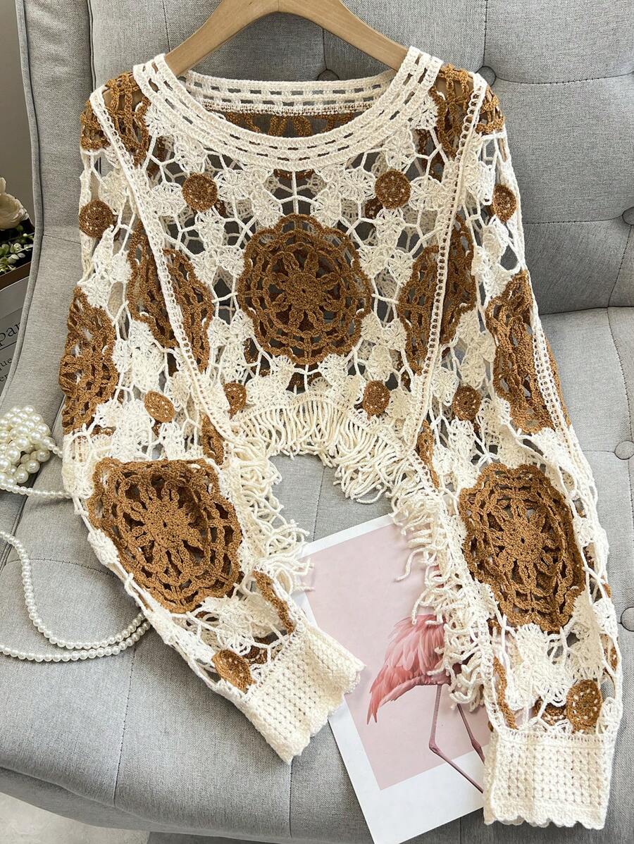 SHEIN LUNE 女士不对称拼色流苏针织套头衫,度假罩衫 - 卡其色 - 查看 1